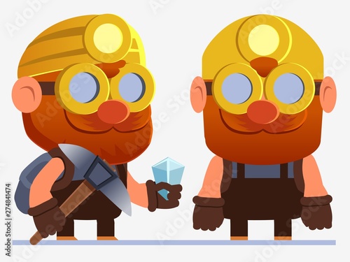 Cartoon miner in yellow helmet and glasses with red beard holding pickaxe and crystal. Striking Viking with axe isolated on a white background. All elements are separated.