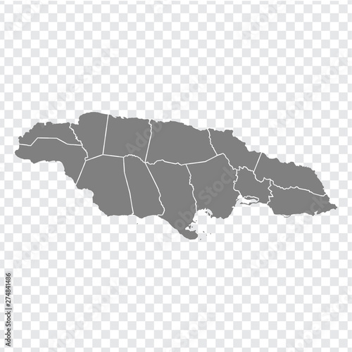 Blank map Jamaica. High quality map of  Jamaica with provinces on transparent background for your web site design, logo, app, UI. Stock vector. Vector illustration EPS10. 