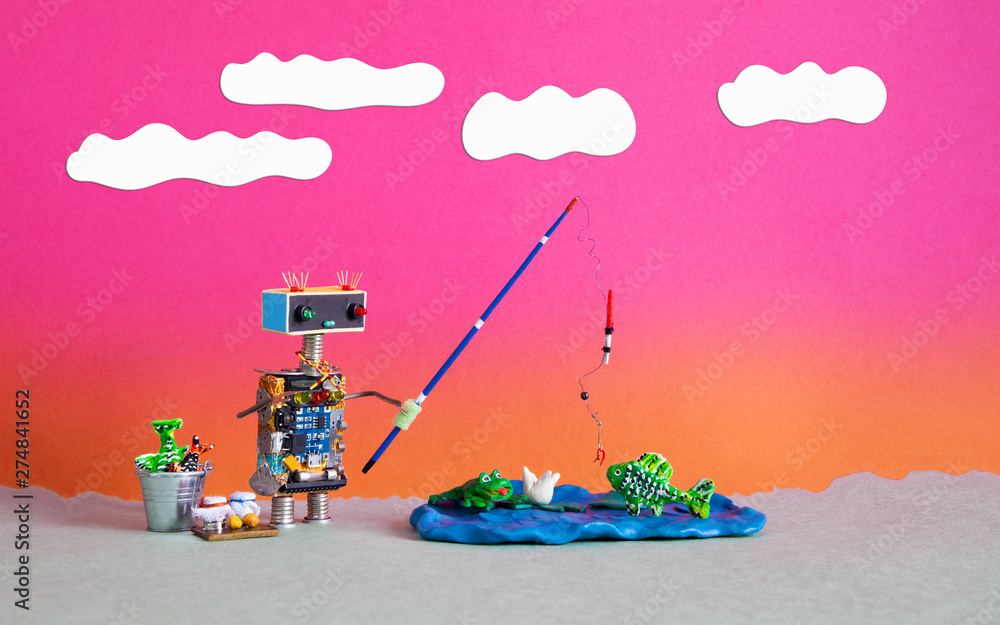 Fishing robotic and vacation. Fisherman robot wants to catch a big fish.  Angler accessories rod bucket bait. Summer clouds scape, blue lake with  frog, water lily and fish. Purple yellow sunset. Photos