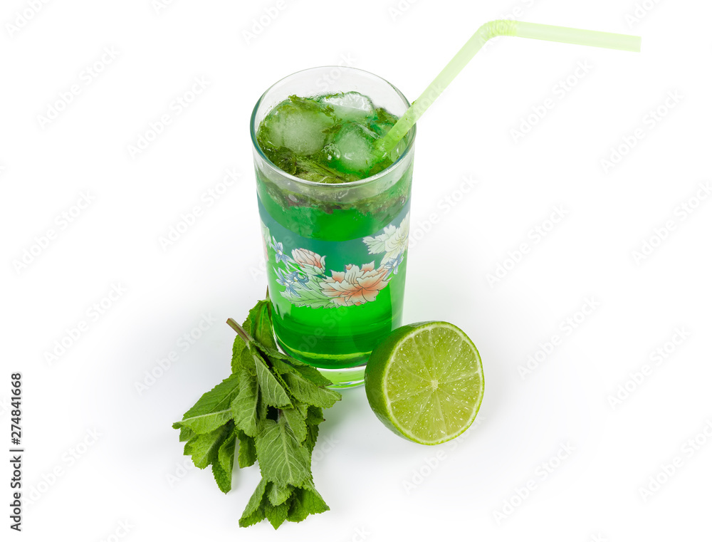 Fototapeta premium Cold mint drink, mint twigs and lime on white background