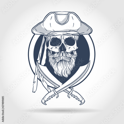 Hand drawn sketch, pirate skull with sword, beard and mustaches and pirate hat. Poster, flyer design