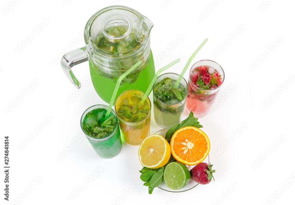Fototapeta premium Cold mint drinks with fruit and berry on white background
