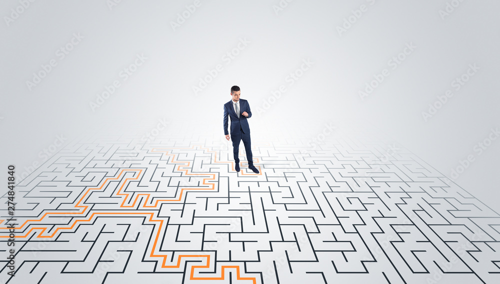 Young entrepreneur standing in a middle of a labyrinth with the solution
Young entrepreneur standing in a middle of a labyrinth with the solution