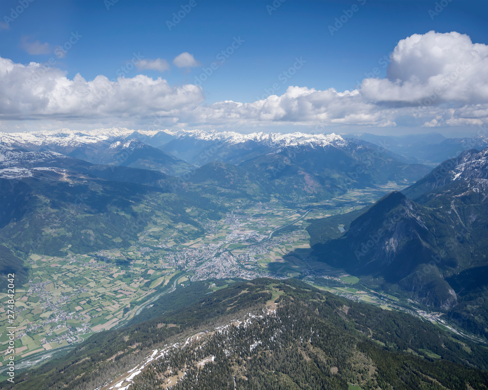 aerial of Lienz little town and Drave valley, Austria