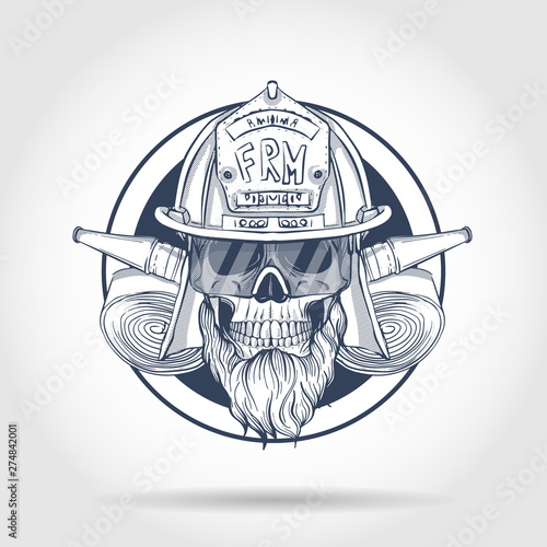 Hand drawn sketch, fireman skull with helmet, beard, firehose and glasses. Poster, flyer design