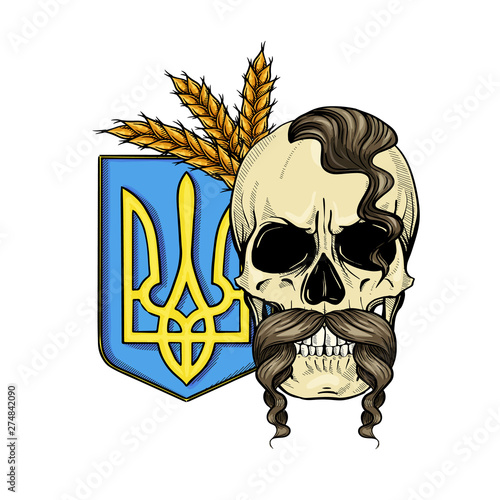 Hand drawn color sketch, skull with Ukrainian national emblem, mustaches, oseledets hairstyle, spikes of wheat. Poster, flyer design