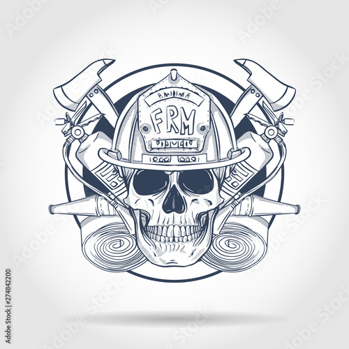 Hand drawn sketch, fireman skull with helmet, fire extinguisher, axe and firehose. Poster, flyer design