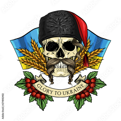 Hand drawn color sketch, skull with Ukrainian flag, spikes of wheat, branch of viburnum, hetman hat, mustaches. Poster, flyer design