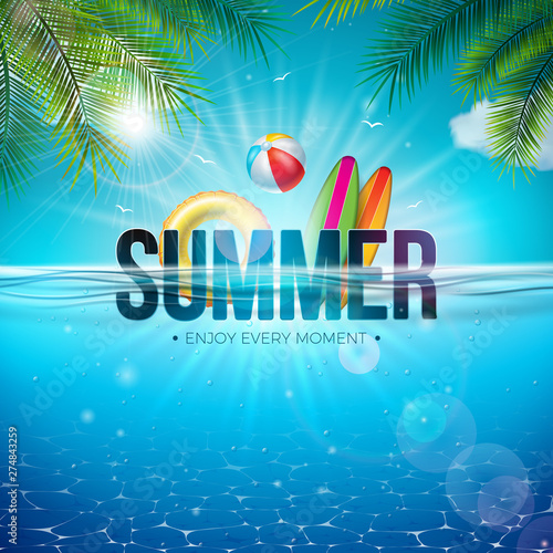 Vector Summer Illustration with Beach Ball, Palm Leaves, Surf Board and 3d Typography Letter on Underwater Blue Ocean Background. Realistic Summer Vacation Holiday Design for Banner, Flyer, Invitation