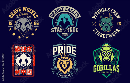 Emblem design templates with different animals mascots. Sport team badges designs. Vector set.