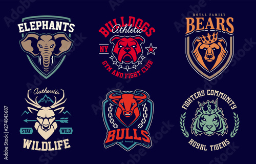 Emblem design templates with different animals mascots. Sport team badges designs. Vector set.
