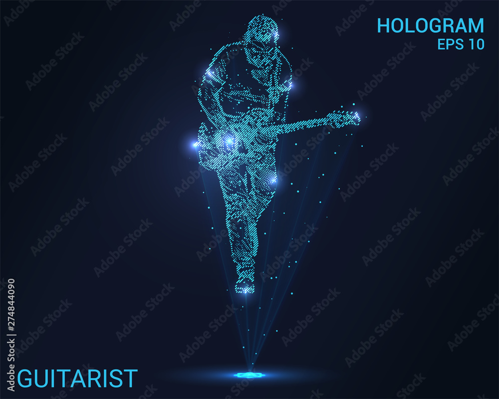 The hologram guitarist. Holographic projection of a guitar player. Flickering energy flux of particles. Scientific music design.