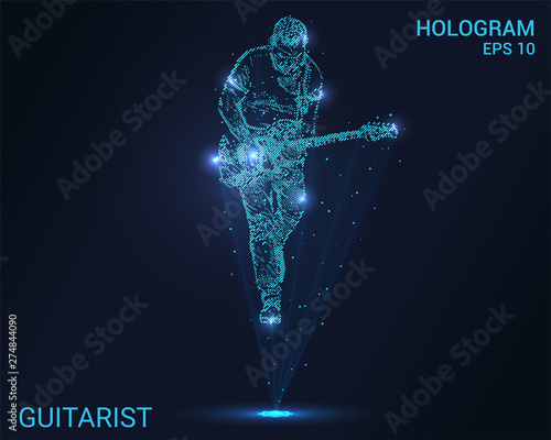 The hologram guitarist. Holographic projection of a guitar player. Flickering energy flux of particles. Scientific music design.
