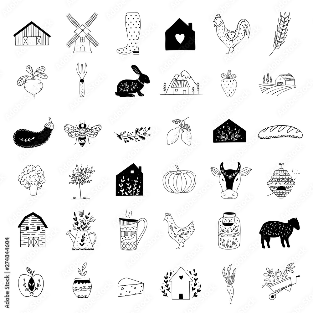 Hand drawn Farm icon set in doodle style Hand drawn Farm icon set in doodle style