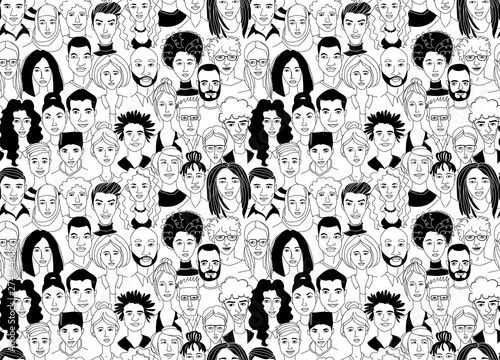 Decorative diverse women's men's head seamless pattern background. Multiethnic gruop