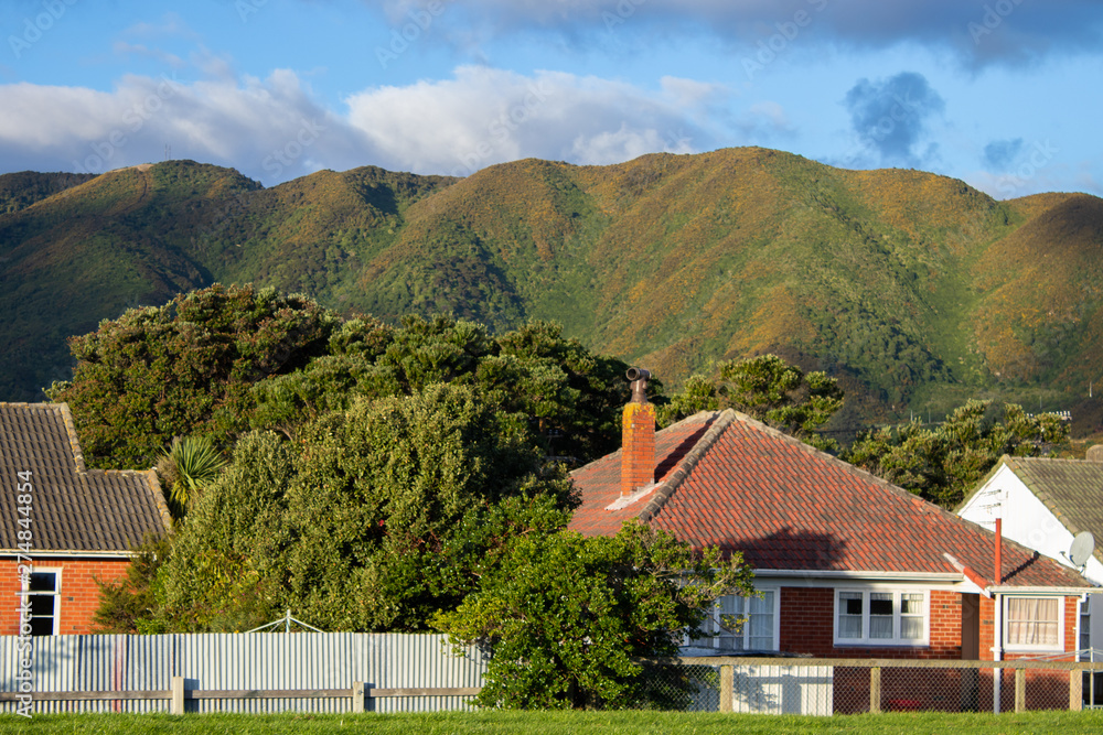 Old brick house against the hills in New Zealand.