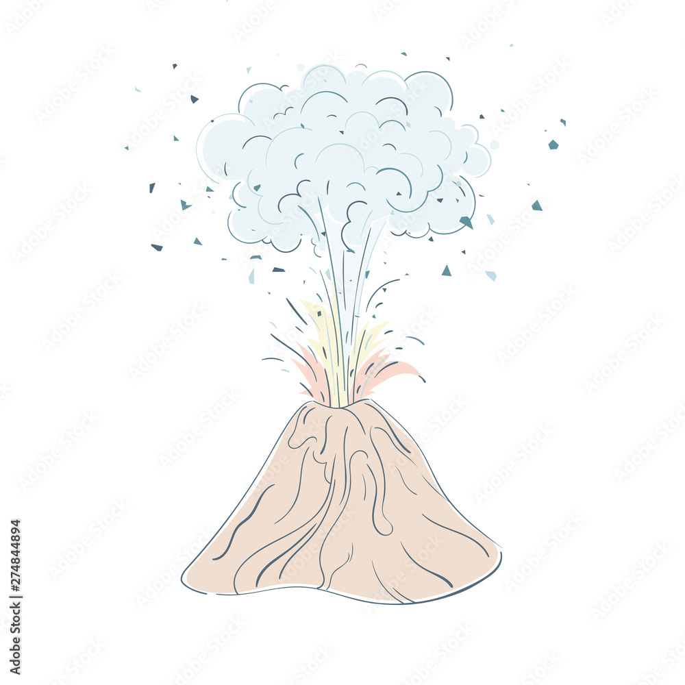 Active volcano erupting lava fountain from crater with many clouds of smoke. Volcanic eruption, seismic activity, natural disaster or catastrophe. Active volcano erupting lava fountain from crater with many clouds of smoke. Volcanic eruption, seismic activity, natural disaster or catastrophe.