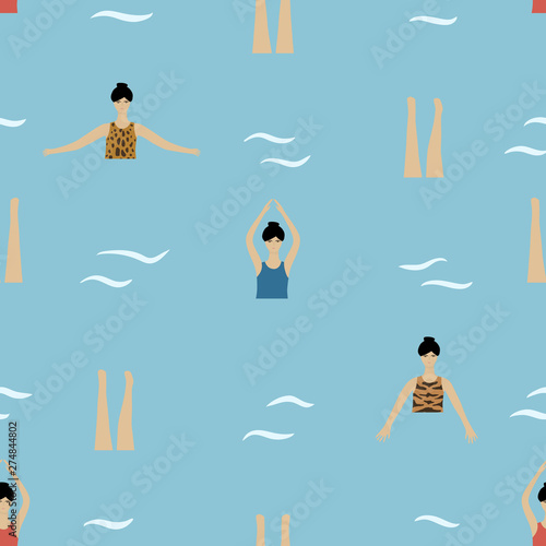 Swimming women in the ocean. Vector summer illustration