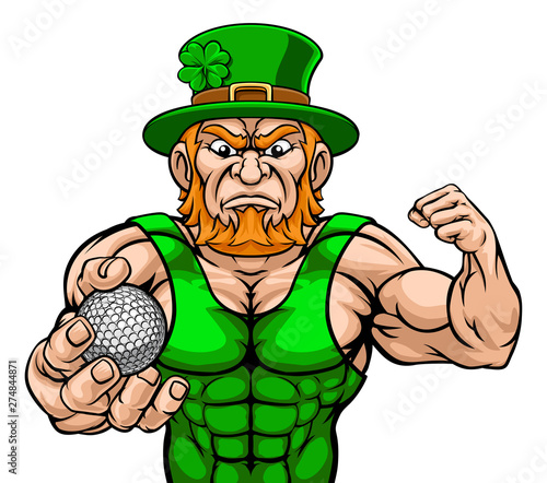 A leprechaun golf sports mascot holding a ball