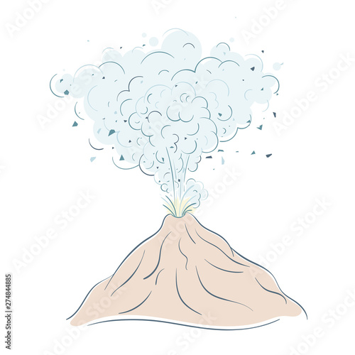 Active volcano erupting lava fountain from crater with many clouds of smoke. Volcanic eruption, seismic activity, natural disaster or catastrophe.