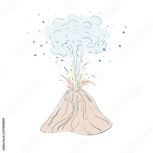 Active volcano erupting lava fountain from crater with many clouds of smoke. Volcanic eruption, seismic activity, natural disaster or catastrophe.