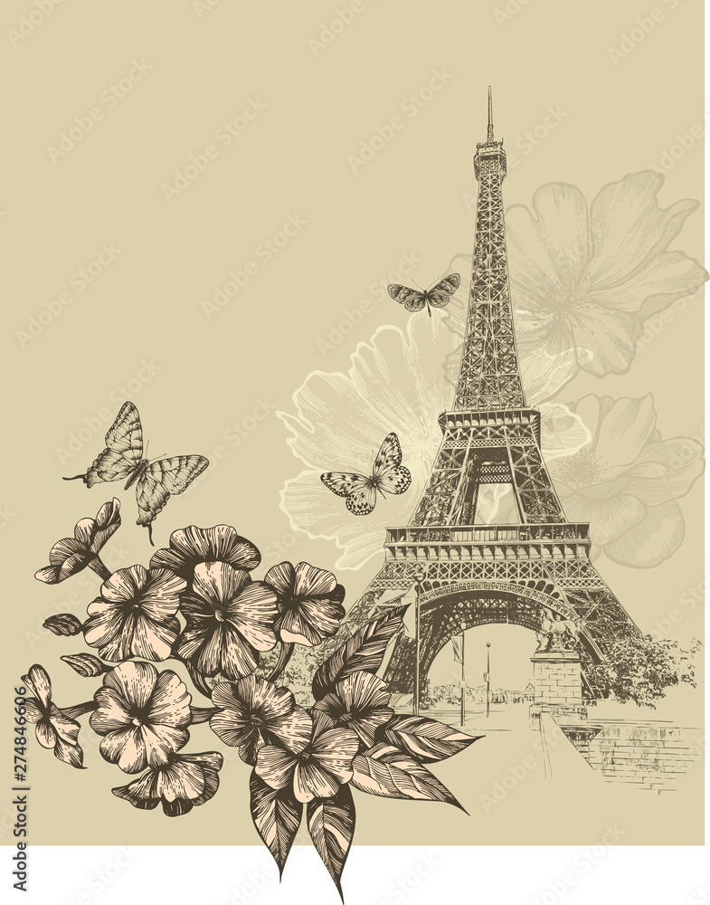 custom made wallpaper toronto digitalVintage background with Eiffel Tower and blooming phlox, hand drawing. Vector illustration.
