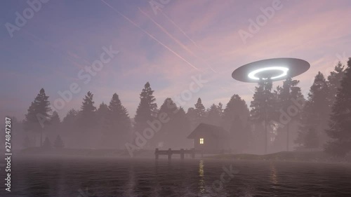 3d render of a UFO above a lake house