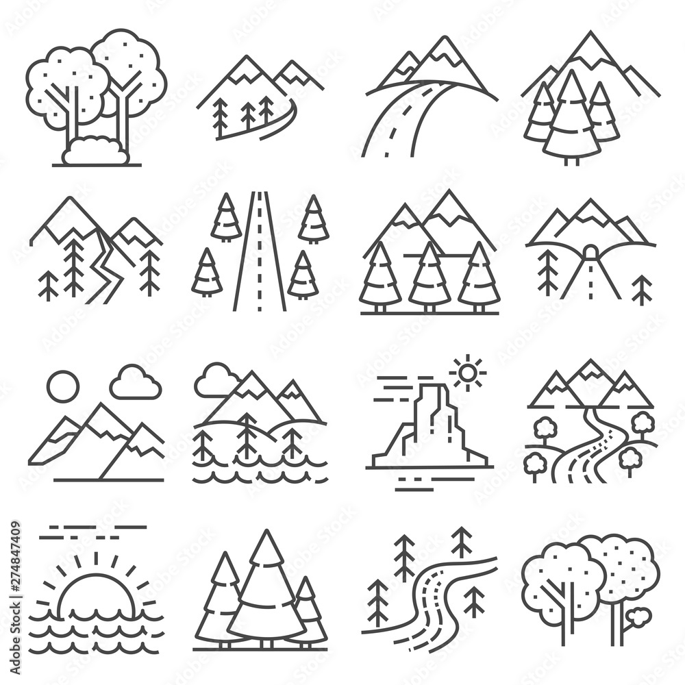 Nature Landscape Icons, Thin Line Style on white background Nature Landscape Icons, Thin Line Style on white background