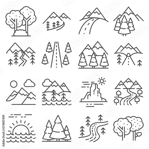 Nature Landscape Icons, Thin Line Style on white background