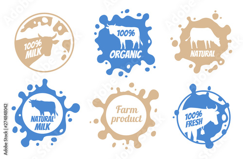 Dairy vintage vector logos, milk badges, cheese packaging labels with farm animal. Dairy badge of set, fresh milk product label and badge illustration.