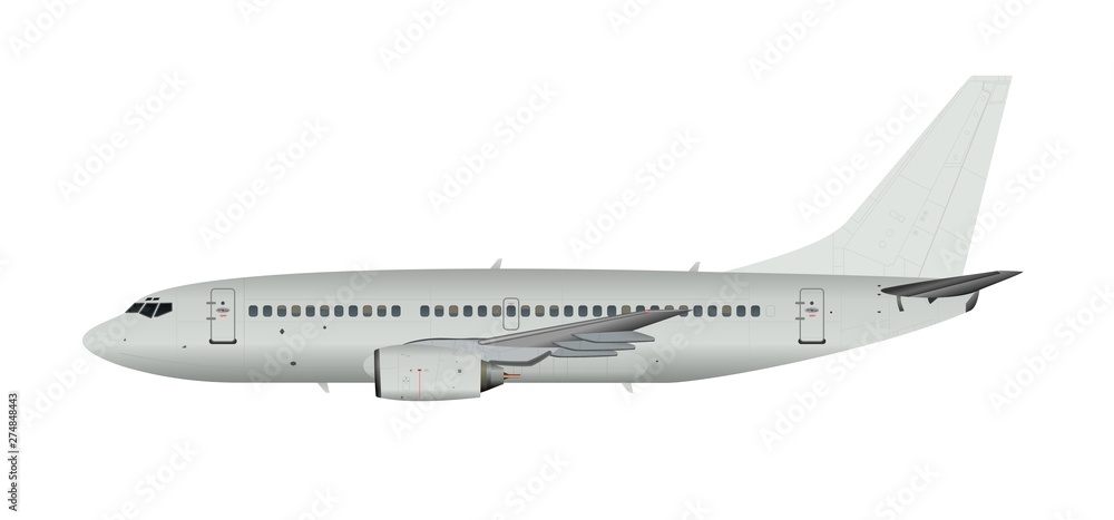 Commercial passenger airplane isolated on white background.