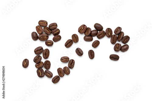 top view of coffee beans isolated on white background,