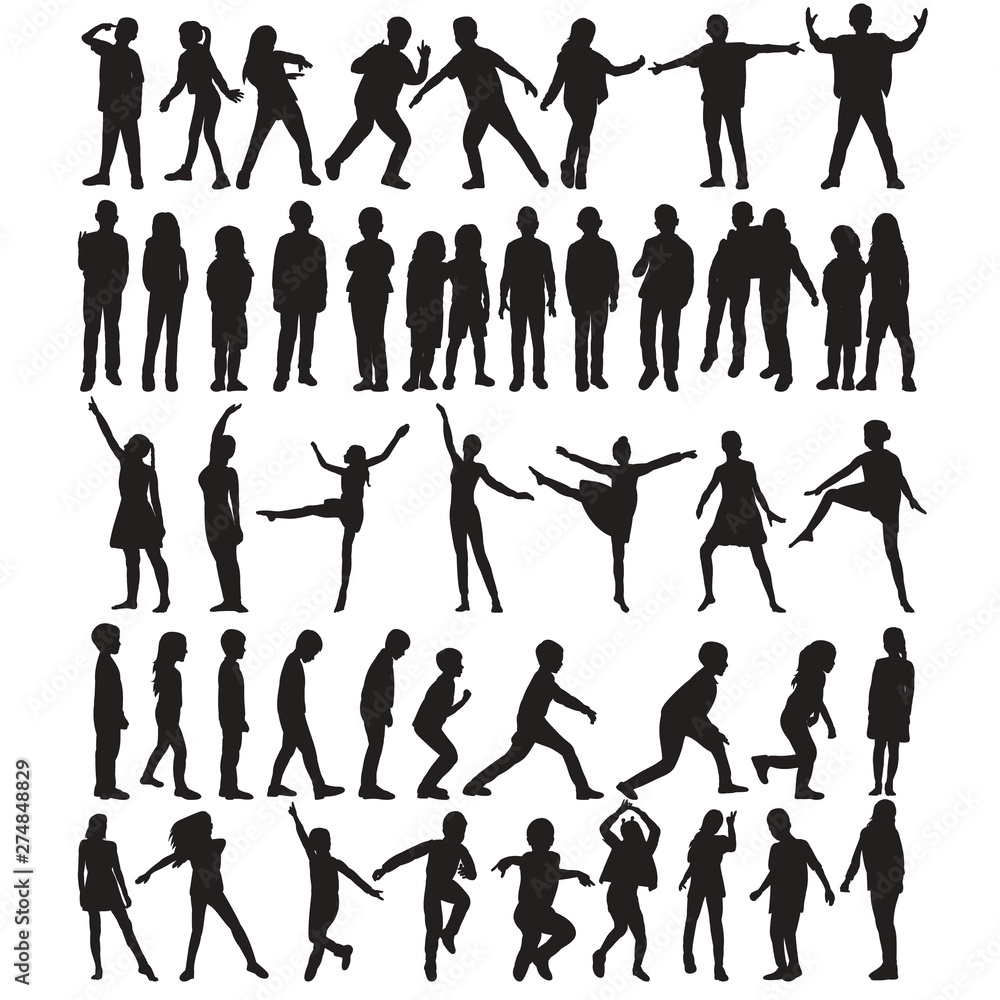 vector, isolated, silhouette set kids, people, dance