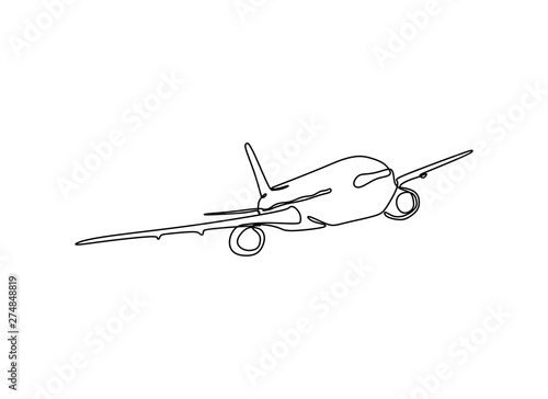 one line drawing of airplane flying on the sky on white background