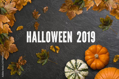 Schiefertafel mit Aufschrift "Halloween 2019" und herbstlicher Dekoration