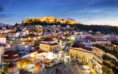 Athens, Greece - Monastiraki Square and ancient Acropolis