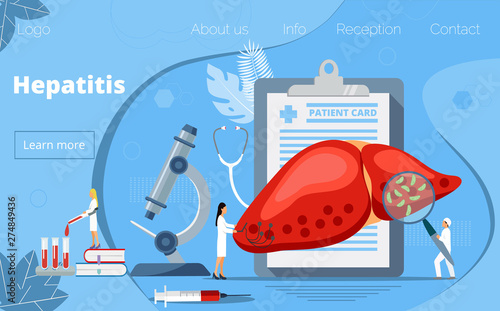 Concept of hepatitis A, B, C, D, cirrhosis, world hepatitis day. Tiny doctors treat the liver. Blue background vector for for website and mobile website development, apps is presented.