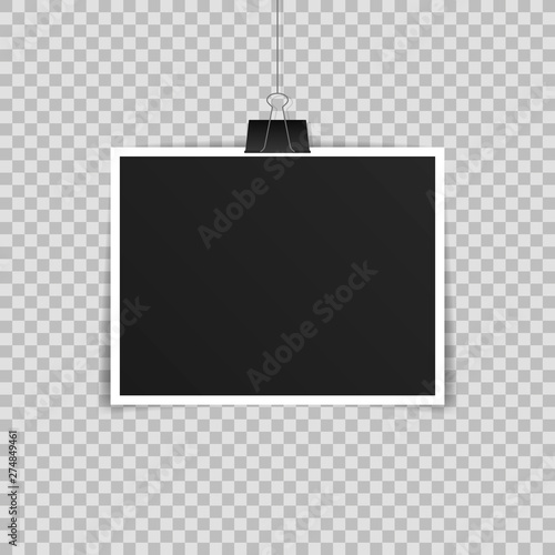 Vector Photo frame mockup design. Photo frame hanging on a clip isolated on transparent background. Vector illustration