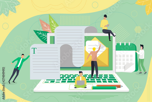 Online education, language courses, e-learning, storytelling, copywriting, seo concept with small people, it can be use for landing page, template, mobile app, poster, banner, flyer, ui, website.