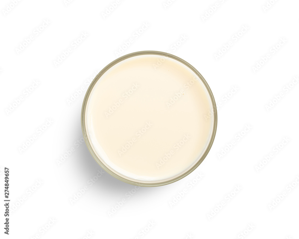 Cup with soy milk bubble foam isolated on white background, top view Cup with soy milk bubble foam isolated on white background, top view