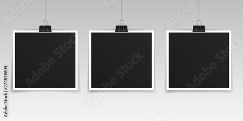 Vector Photo frame set, mockup design. Photo frame hanging on a clip isolated on transparent background. Vector illustration