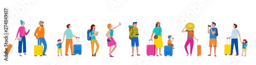 Line of people, couples and families with suitcase. Traveling and tourism concept design. Vector illustration