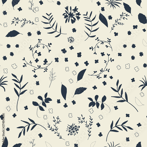 Seamless floral pattern with flowers and leaves. Modern background with hand drawn elements.