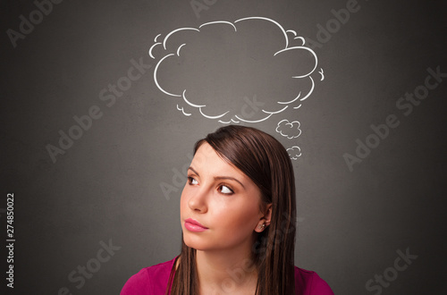 Pretty girl thinking with speech bubble above her head 