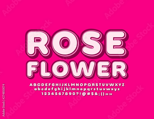 Vector pink banner Rose Flower with retro Alphabet. Beautiful decorative Alphabet Letters, Numbers and Symbols