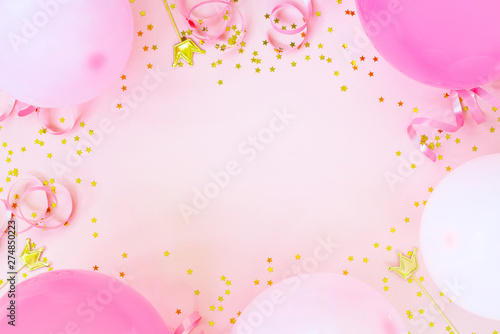 Pink birthday background with balloons, confetti and streamers