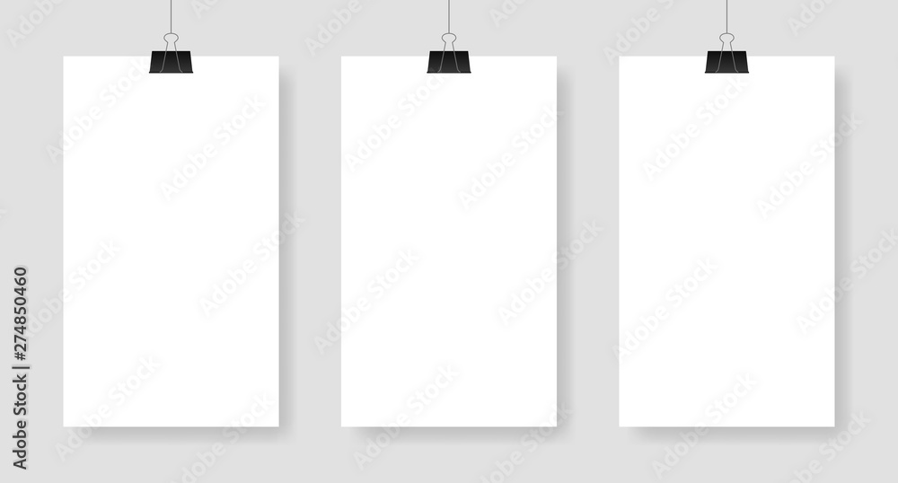 Set blank white poster template. Affiche, paper sheet hanging on a clip. Vector advertising banner mockup stand exhibit Set blank white poster template. Affiche, paper sheet hanging on a clip. Vector advertising banner mockup stand exhibit