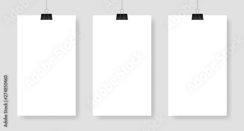 Set blank white poster template. Affiche, paper sheet hanging on a clip. Vector advertising banner mockup stand exhibit