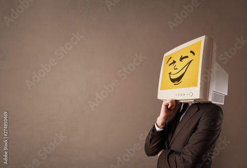 Young person with happy smiley monitor head
 photo