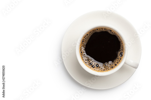 top view of coffee black in cup isolated on white background. copy spec design  with clipping path.